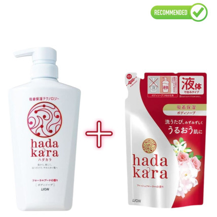 Lion Hadakara mitrinošas šķidrās ķermeņa ziepes ar ziedu aromātu 500ml + pildviela 360ml