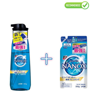 Lion Top Super Nanox koncentrēts šķidrais veļas mazgāšanas līdzeklis, 400ml pudele ar sūkni + pildviela 350g