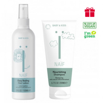 Naïf Baby & Kids Care barojošs bērnu šampūns 200ml +  Naïf Baby & Kids mīkstinošs losjons matiem 150ml 